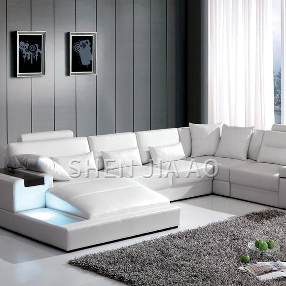 LED Light Leather Sofa Villa Large Size Simple Leather Sofa Living Room Modern U type Combination Corner Sofa 1PC