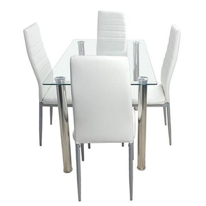 110cm Dining Table Set Tempered Glass Dining Table with 4pcs Chairs Transparent & Creamy White Dinning Desk